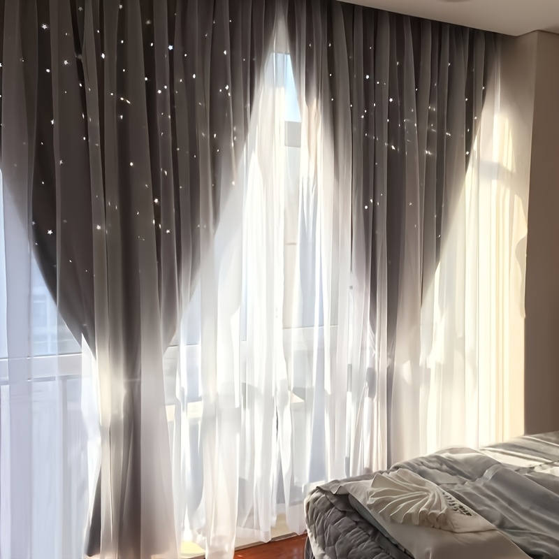 TEMU 2pcs High-end Beige Double-layer Light-blocking Curtains With -blocking Fabric And Yarn, Light-blocking Hollow Star- Partition Curtains
