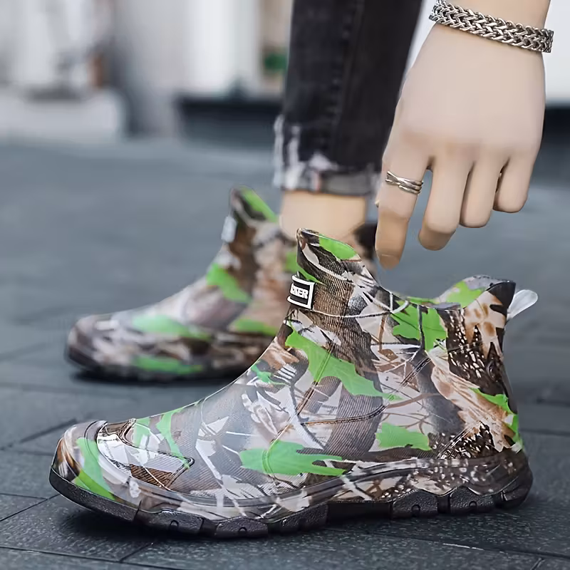 mens camo print ankle rain boots non slip durable pvc eva cushioned insole low for green black for casual or outdoor activitie Product details 3