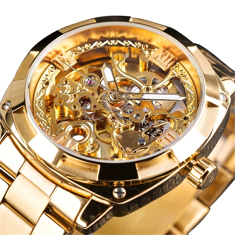 TEMU Forsining Mechanical Automatic Men's Watch With Stainless - Round Case, Intricate Golden Skeleton Design, Unwinding Self-winding Movement, ,