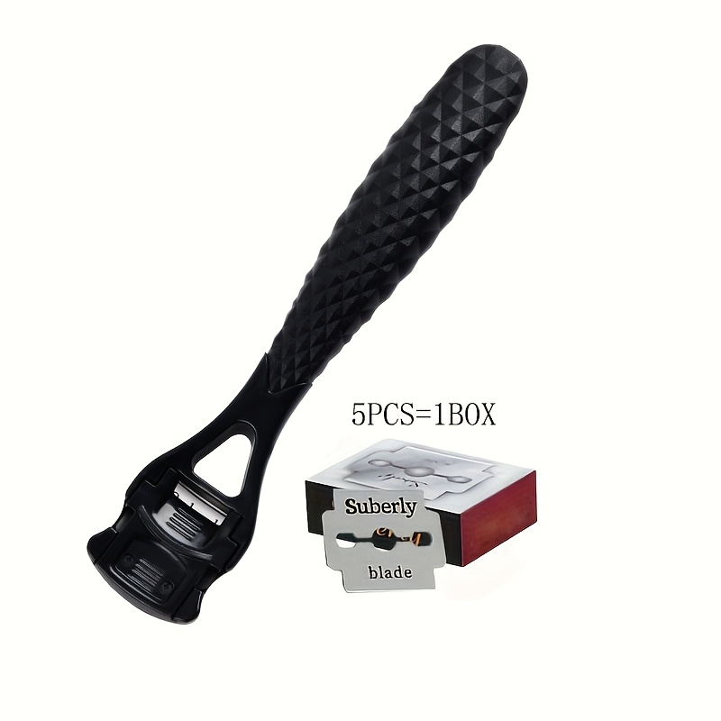 TEMU Un grattoir pour les pieds foncé et noir, avec 5 lames de rechange, conçu pour éliminer mortes. Cet outil de soin des pieds des pièces