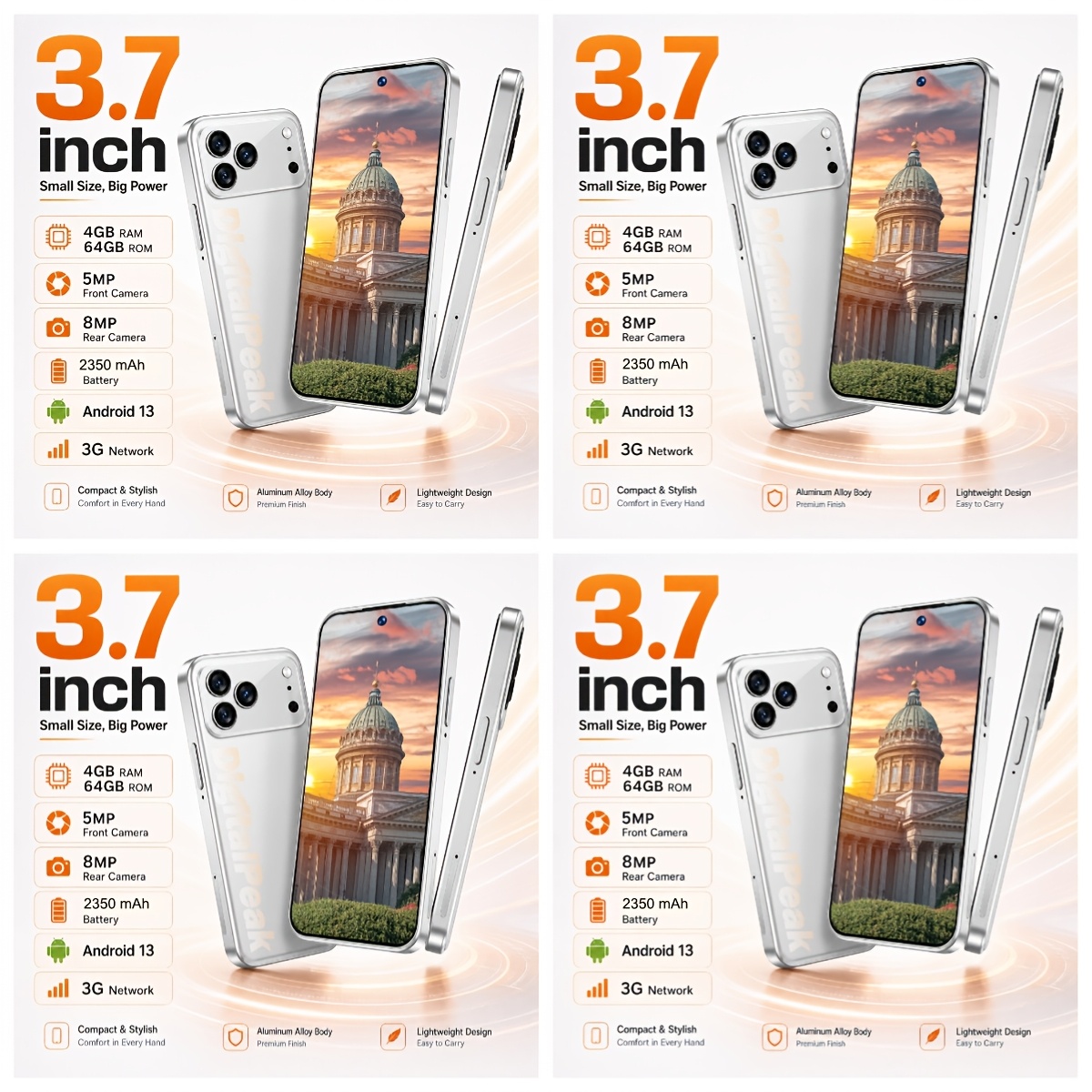 TEMU 3.7 Inch Smartphone 4gb 64gb Rom 13 Small Compact Phone 5mp Front 8mp Rear 2350mah Battery 3g For Teen Outdoor Running Jogging Hiking Trail Gps