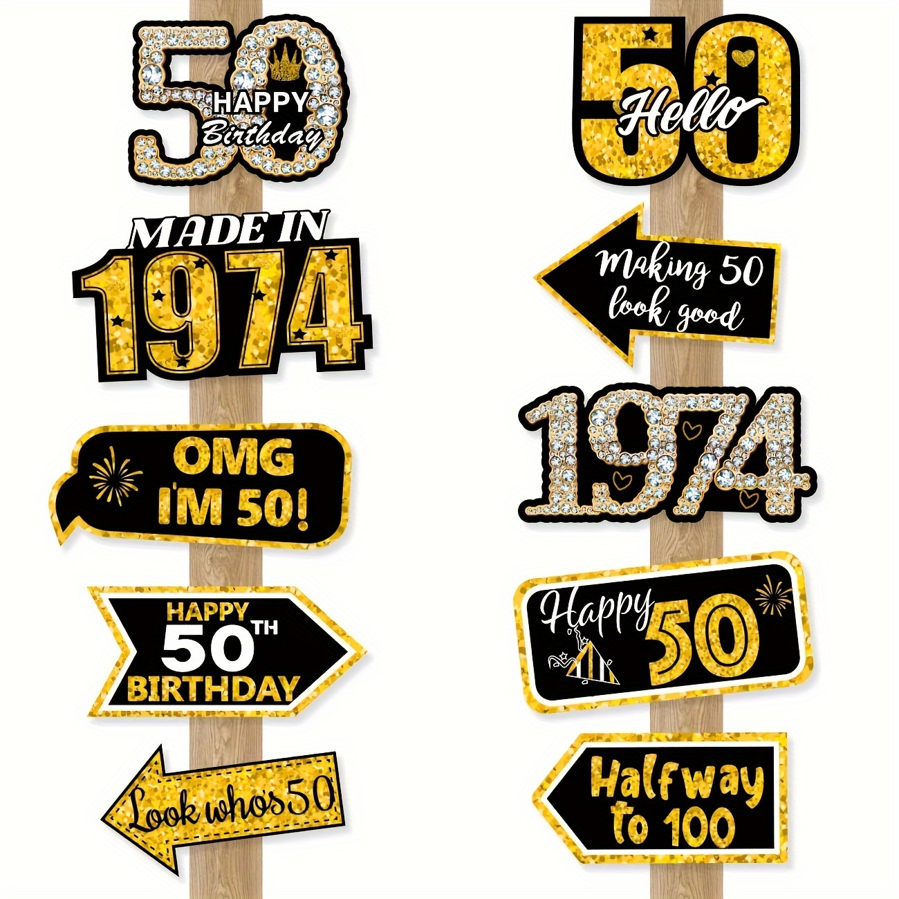 

50th Birthday Decorations: Black & Golden 1974 Party Signs - Retro Photo Props For Men & Women - Indoor/outdoor Use - 20 Pieces