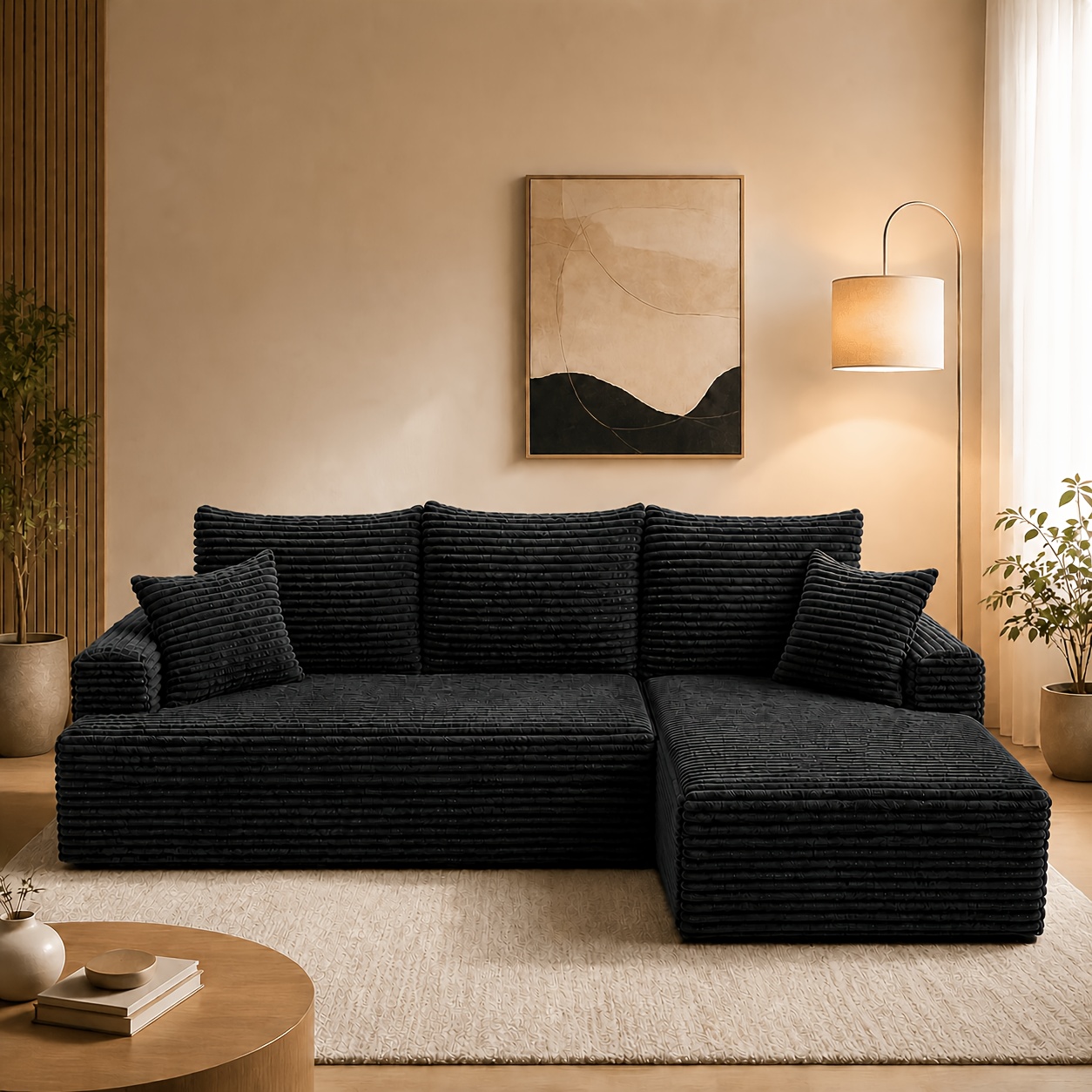 Image of L-shaped Corduroy Sectional Sofa, 104 Inch 3-seater Modular Couch With Oversized Chaise Lounge, Deep Seat High Foam, No For Living Room
