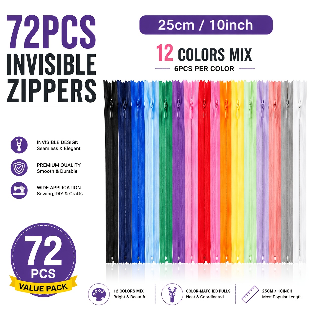 TEMU 72 cerniere invisibili colori assortiti, 12 colori 6 pezzi ciascuno, cerniere in nylon a da 25 cm/10 pollici per cucito, sartoria e progetti di