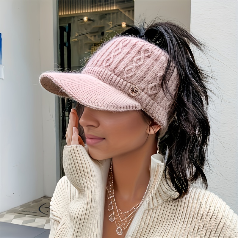 

Women's Warm Knitted Ponytail Sun Hat - Thickened Fleece Lining, Ear Protection, Autumn And Winter Fit Baseball Cap