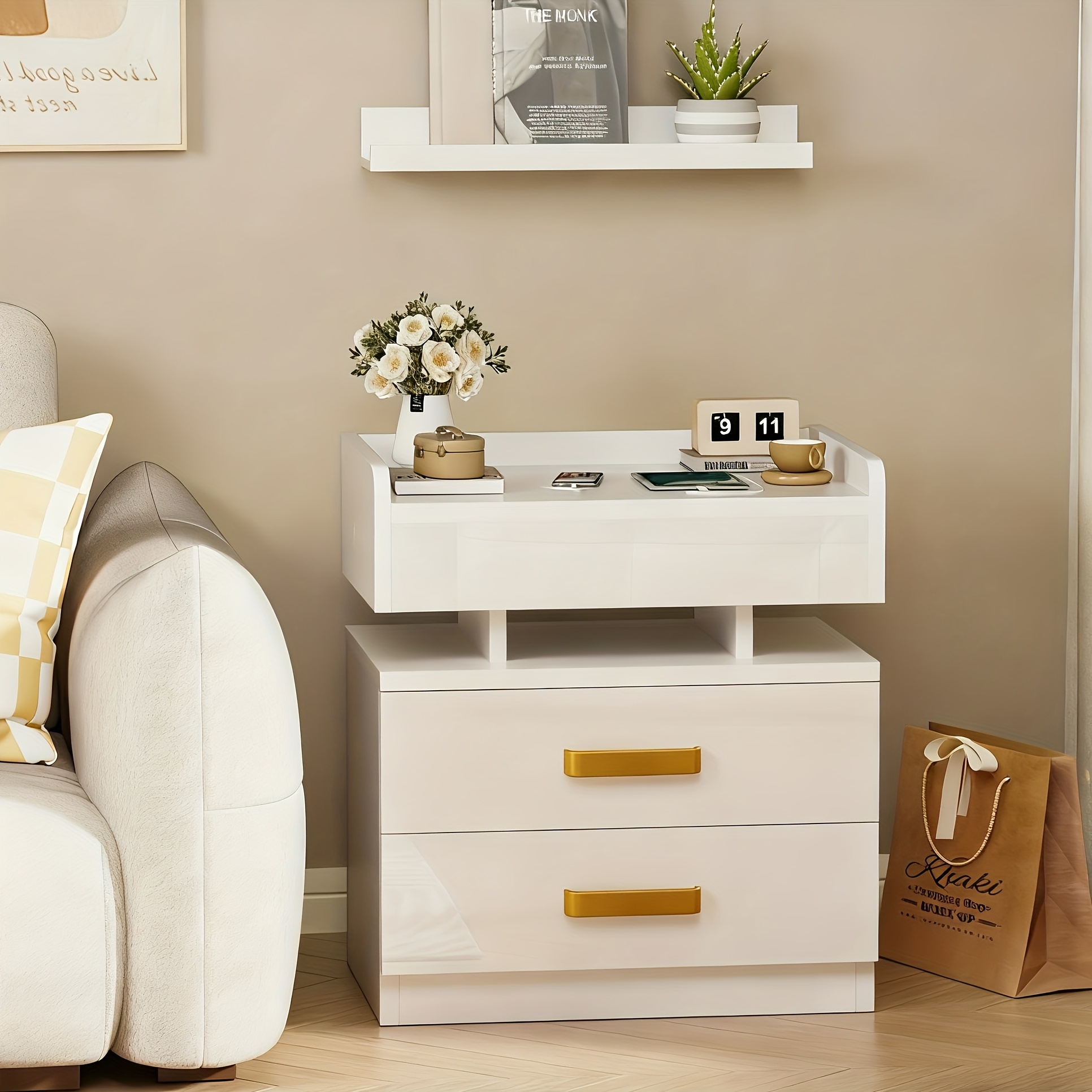 A Bedside Table Measuring 45x35x52cm, Featuring Storage, A Sleek End, And Serving As An Office Side Cabinet With 2 Drawers. It Can Function As A Side Cabinet For A Sofa, Organizer, Or A Display Unit
