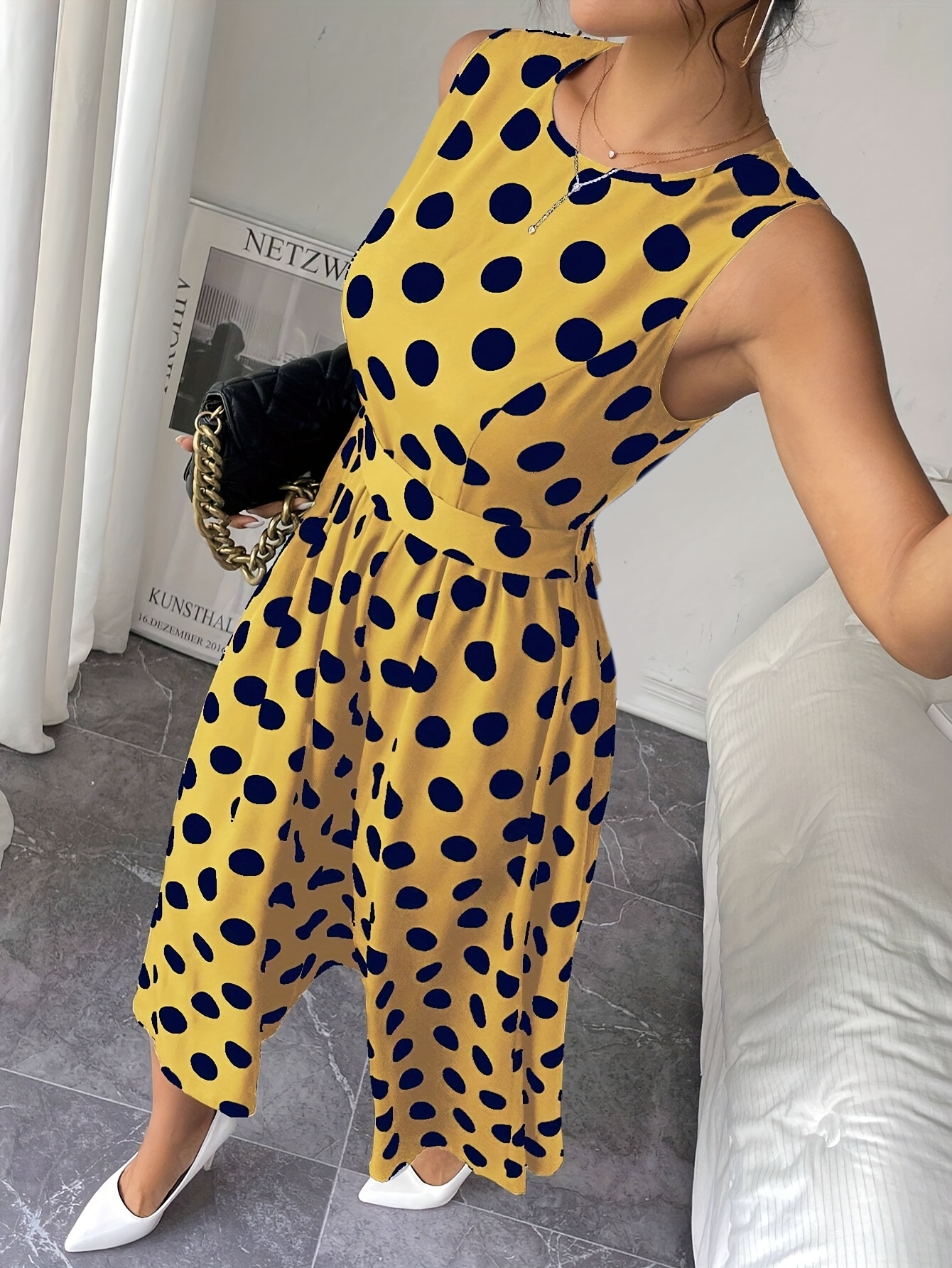 womens sleeveless waist fitted a line dress polka dots - Temu