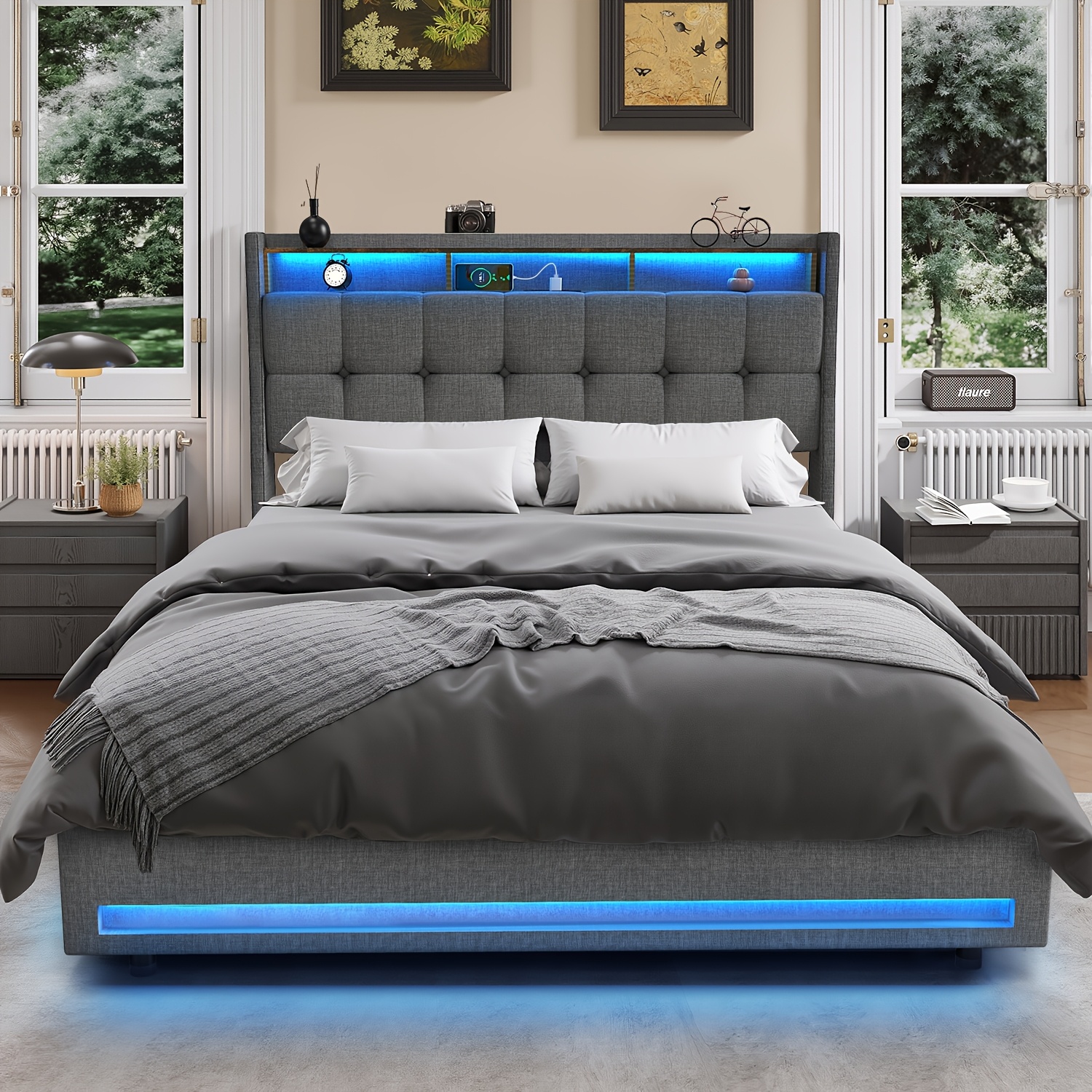 E-shop Moderner gepolsterter Bettrahmen mit LED-Kopfteil- & Fußteilbeleuchtung – Einzelbett geeignet für kleine Räume, Montage,