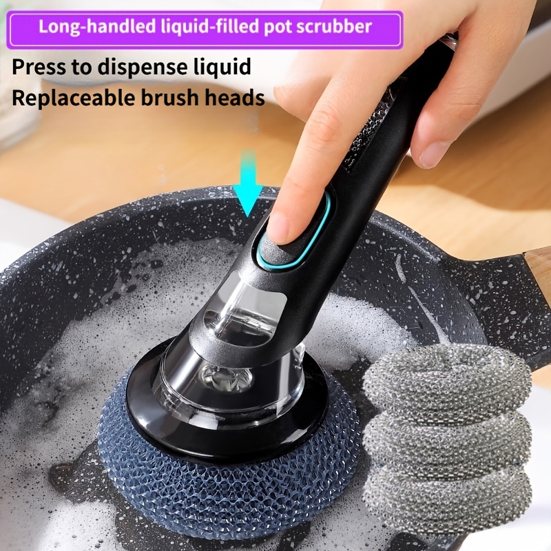 4-Pack Multi-Functional Soap Dispensing Pot Brush, Long-Handled Kitchen Cleaning Brush with Replaceable Brush Heads - Automatic Dishwashing Brush, Suitable for Cleaning Pots, Dishes, And Bowls, Durable And Non-Slip, Household Kitchen Gadget