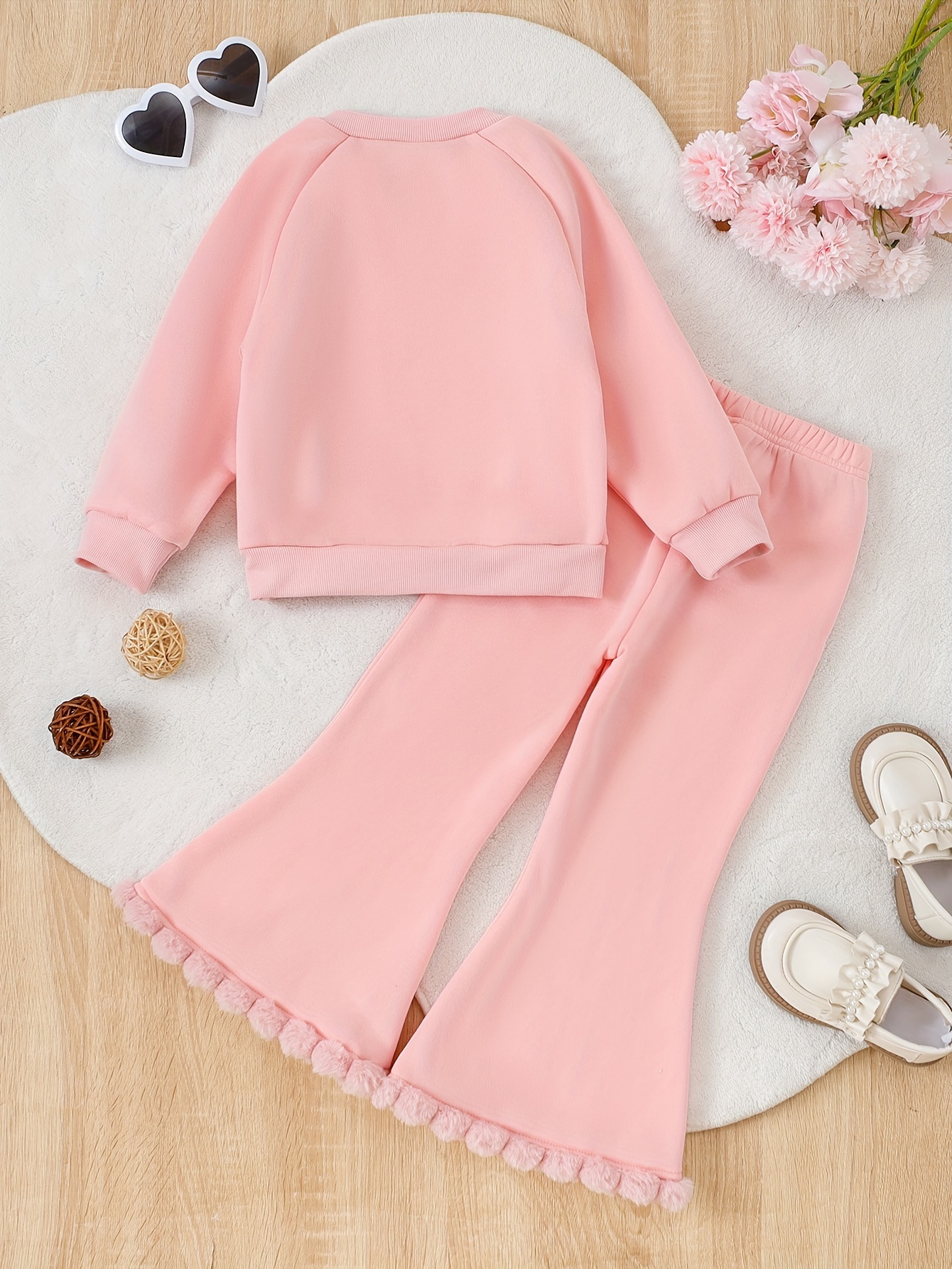 Girls' Solid Color Long-Sleeve Top and Flared Pants Set