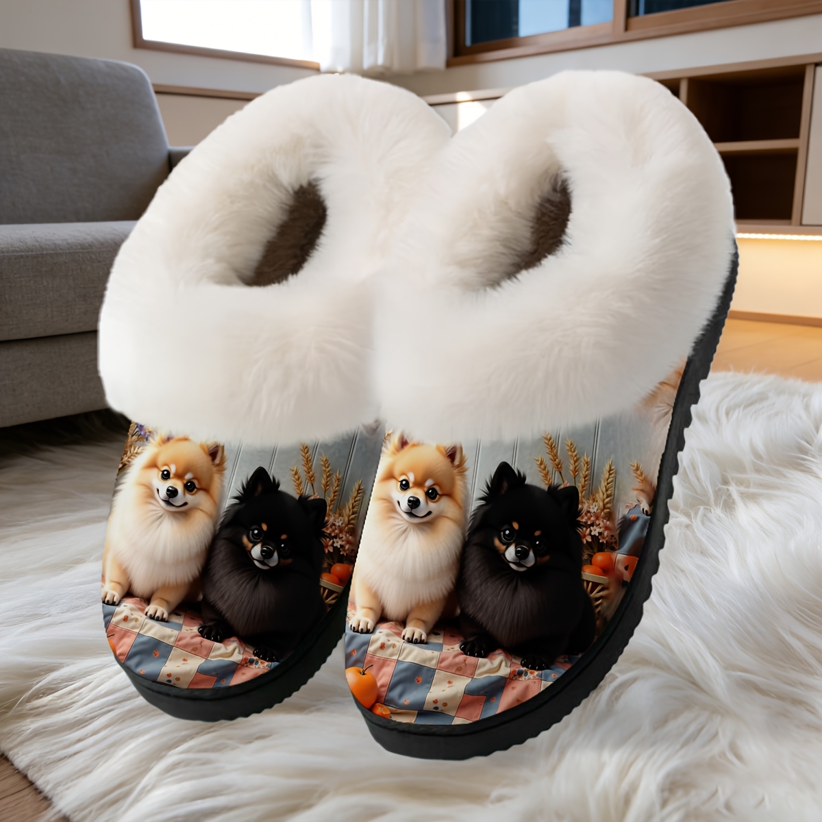 TEMU 2d Flat, 1 Pair, Fuzzy Slipper With Trim, Unisex House Shoes, 2 Fluffy Pomeranian Dogs Sitting On A Quilt With Oranges, Valentine's Day Gifts,