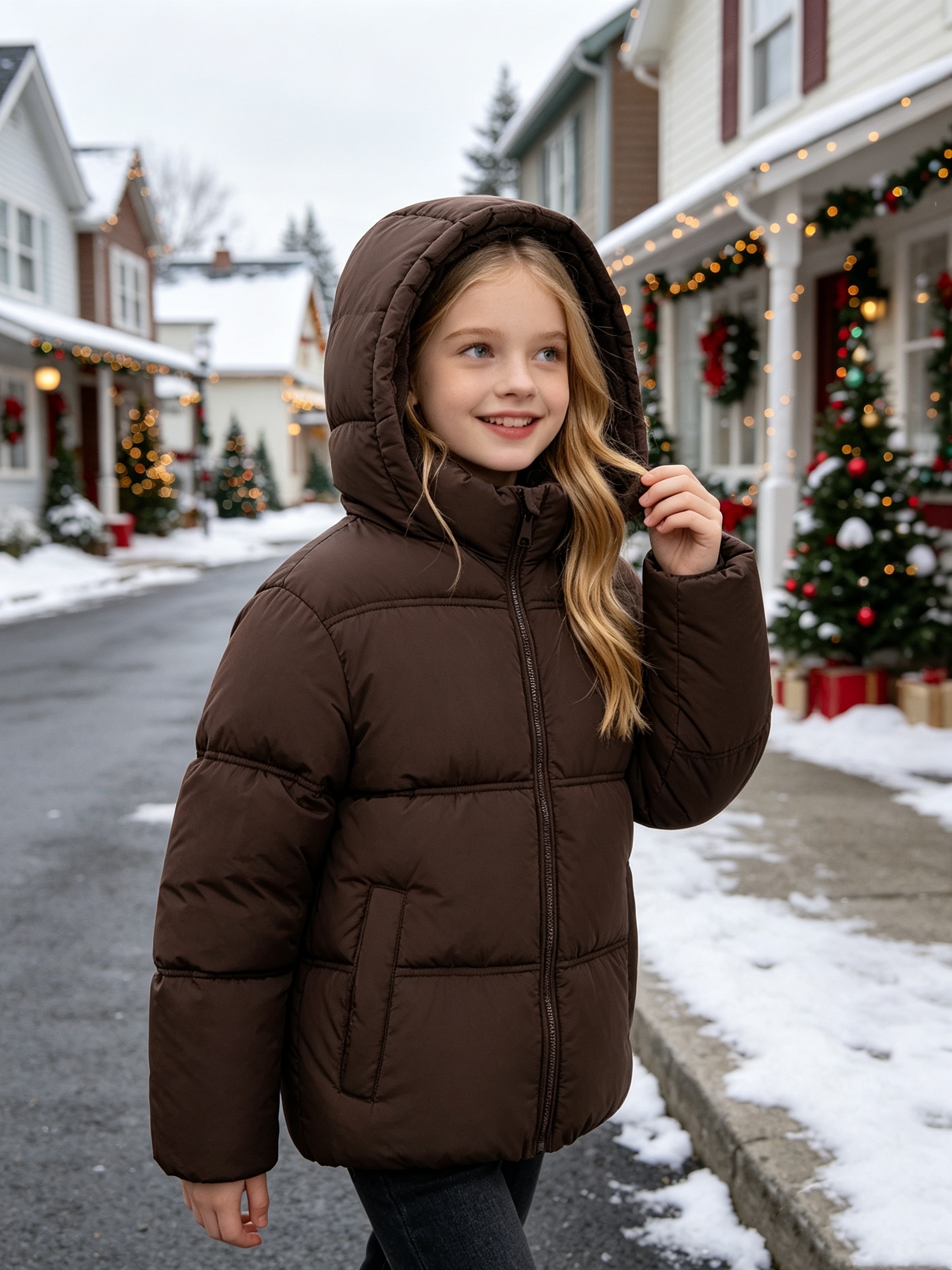 Girls' Solid Color Hooded Jacket for Autumn/Winter