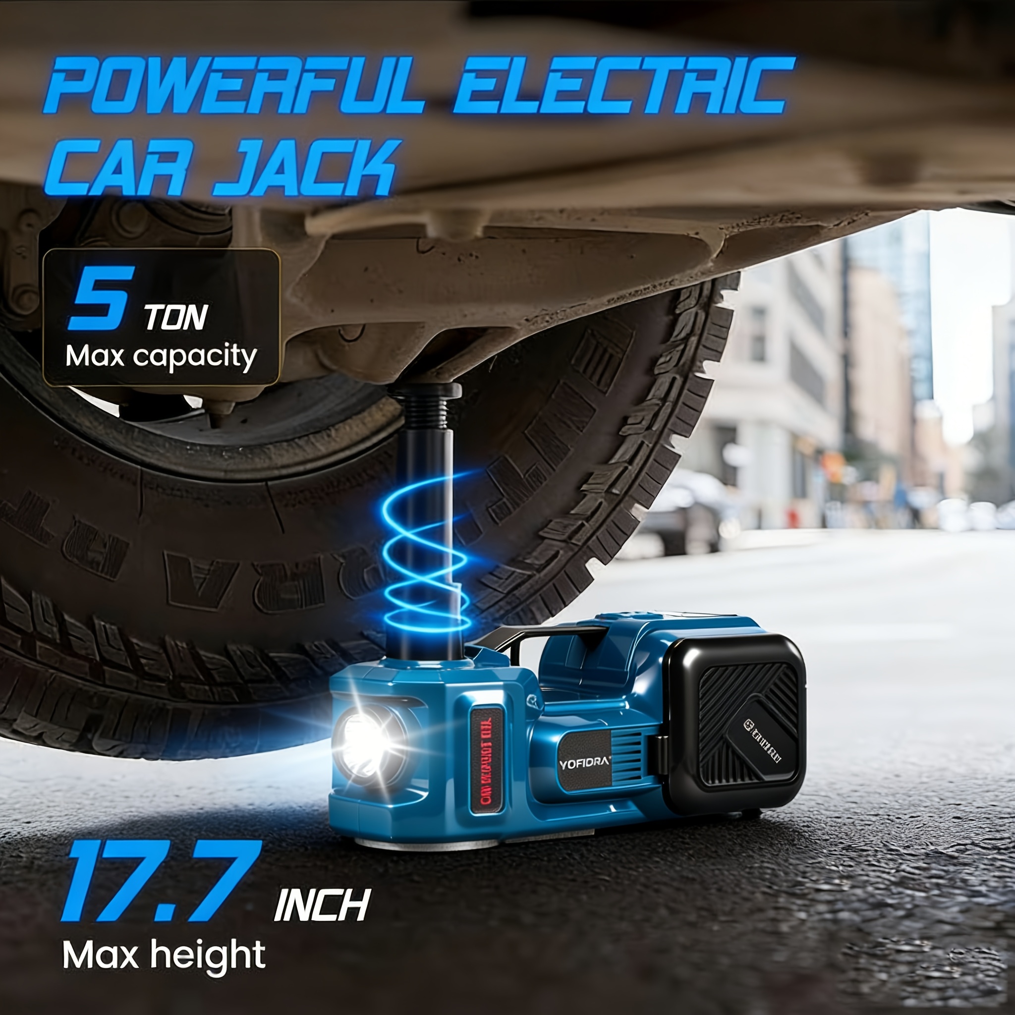 12V Electric Hydraulic Car Jack with Tire Compressor & LED Work Light