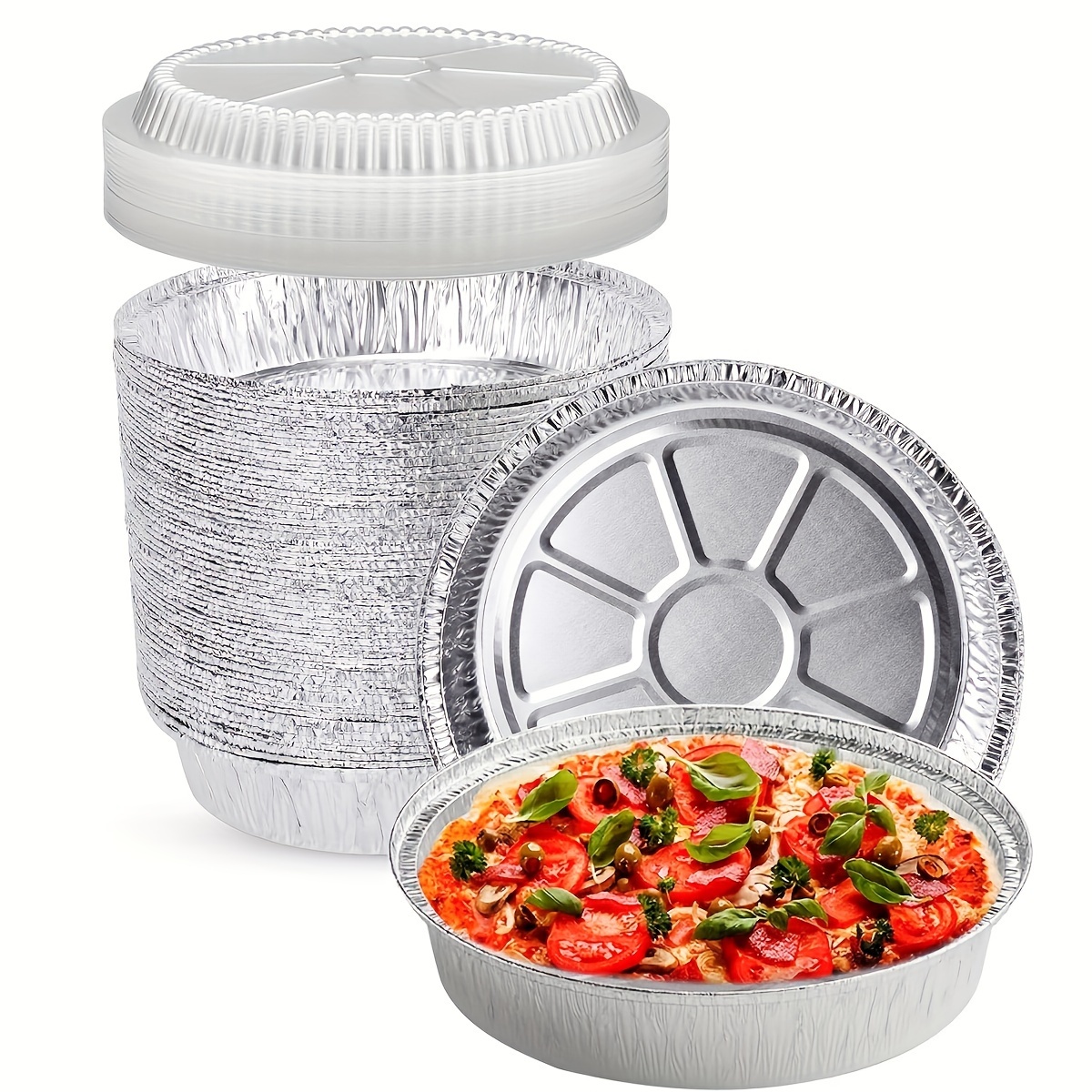 

50 Pack 8 Inch Round Aluminum Pans With Plastic Disposable Foil Pans Tin Tray For Baking, Cooking, Heating, Prepping Food