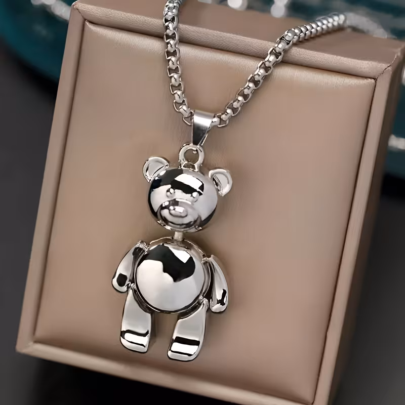 new cute bear pendant necklace stainless steel 70cm long chain suitable for women and mens daily wear classic pendant little bear movable design suitable for daily holiday gifts for her Product details 1