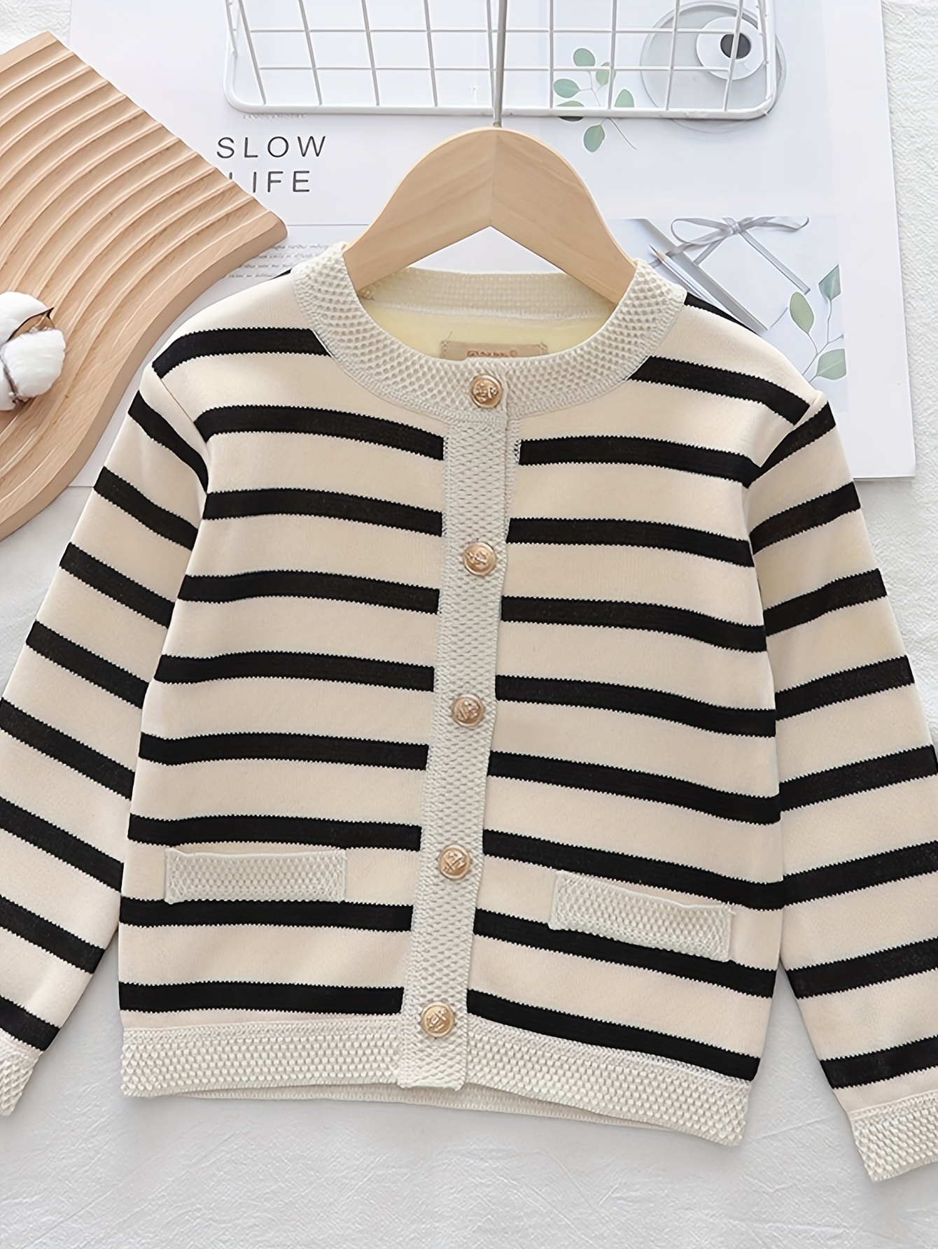 Girls' Knitted Cardigan with Lining, New Spring/Autumn Style, Stylish Children's Sweater Jacket, Baby Striped Long-Sleeve Innerwear, 1pc