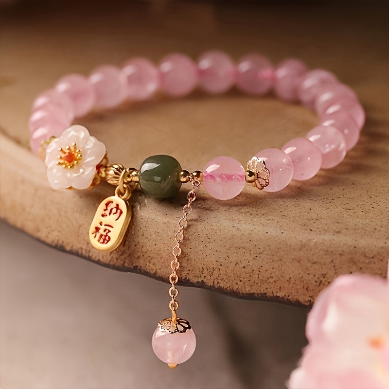 1pc YBTXCK for 's Pink Cherry Blossom & Glass Bracelet with KC - Elegant Spring Flower Gift, Birthday, Year-Round Wearable Glass Bracelet, for Teenager