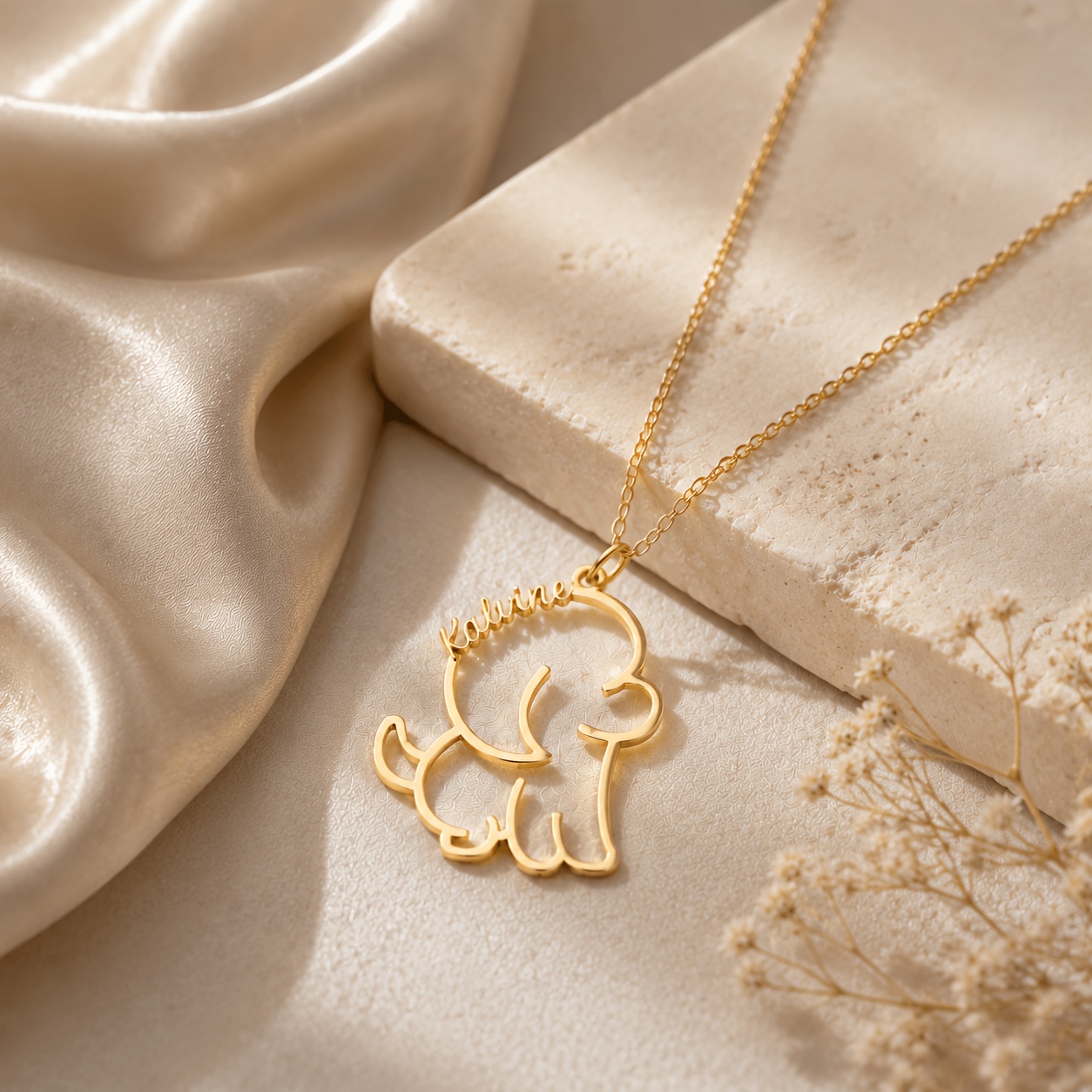Custom Personalized Puppy Outline Necklace, 18K Golden Plated