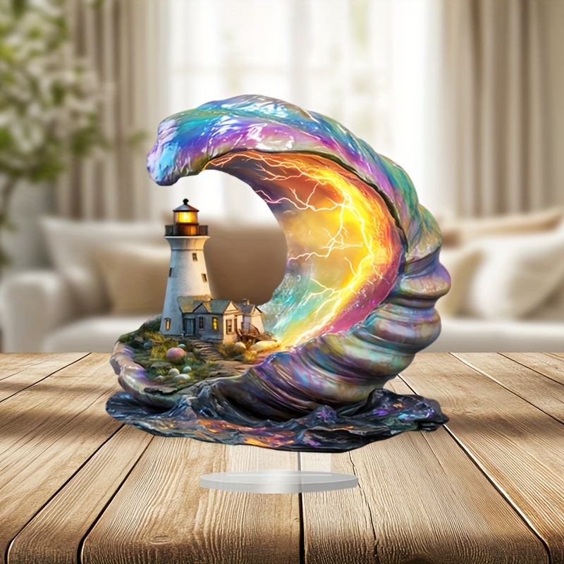  acrylic lighthouse in shell tabletop decor bohemian plaque for home porch room decor unique christmas gift 8x7 inch details 1