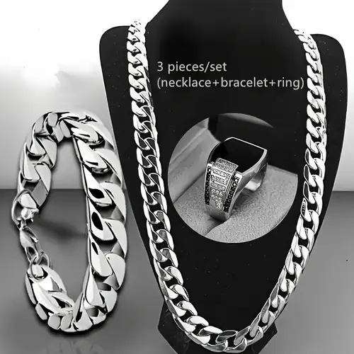 Juego De Collar Y Pulsera De Acero Inoxidable Para Hombre - 8 Mm De Ancho, Cierre Mosquetón
