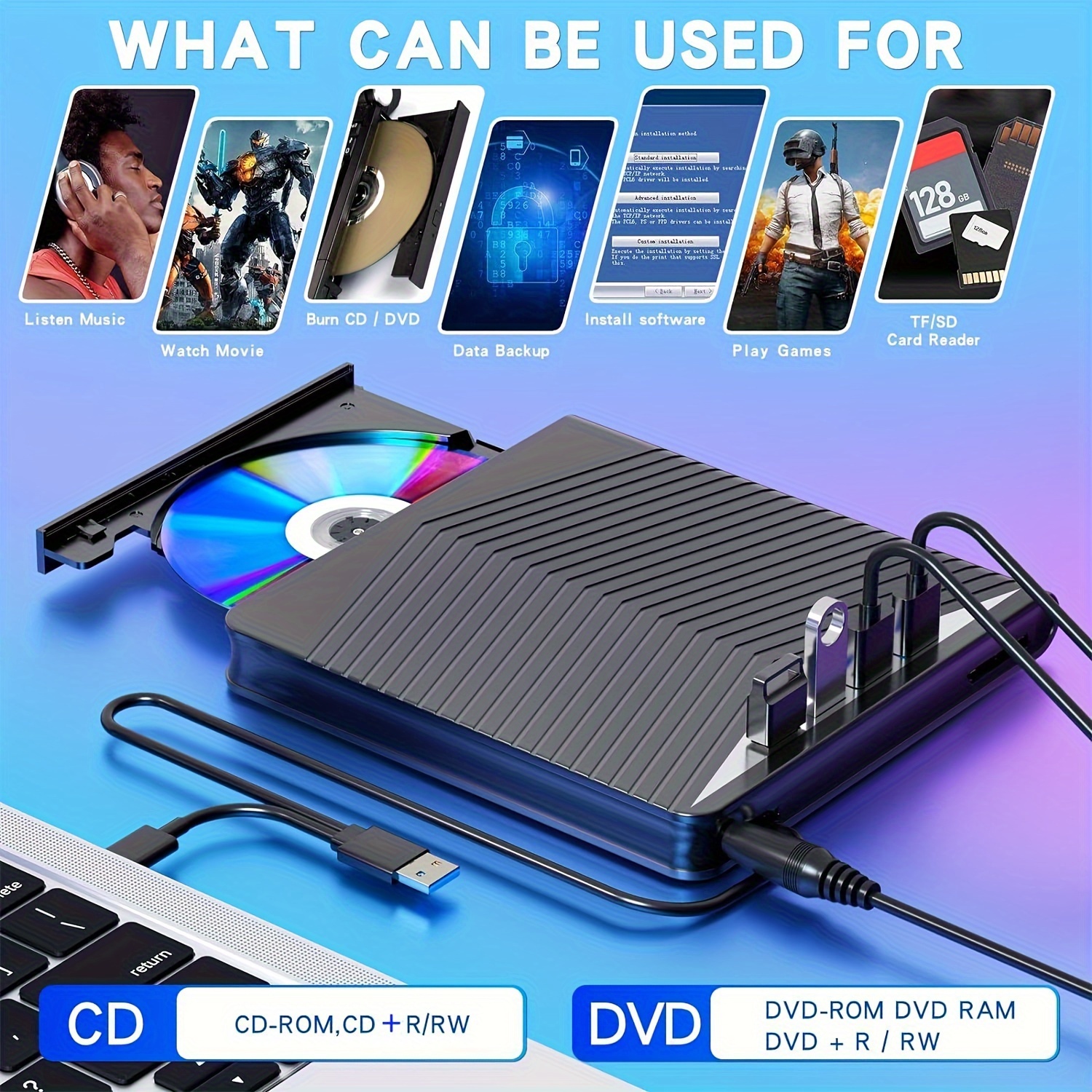 

Lecteur de CD/DVD externe mince - Lecteur/graveur de CD/DVD +/-RW de type C, 4 ports USB, prise en charge de la carte SD/TF, lecteur de CD/DVD optique
