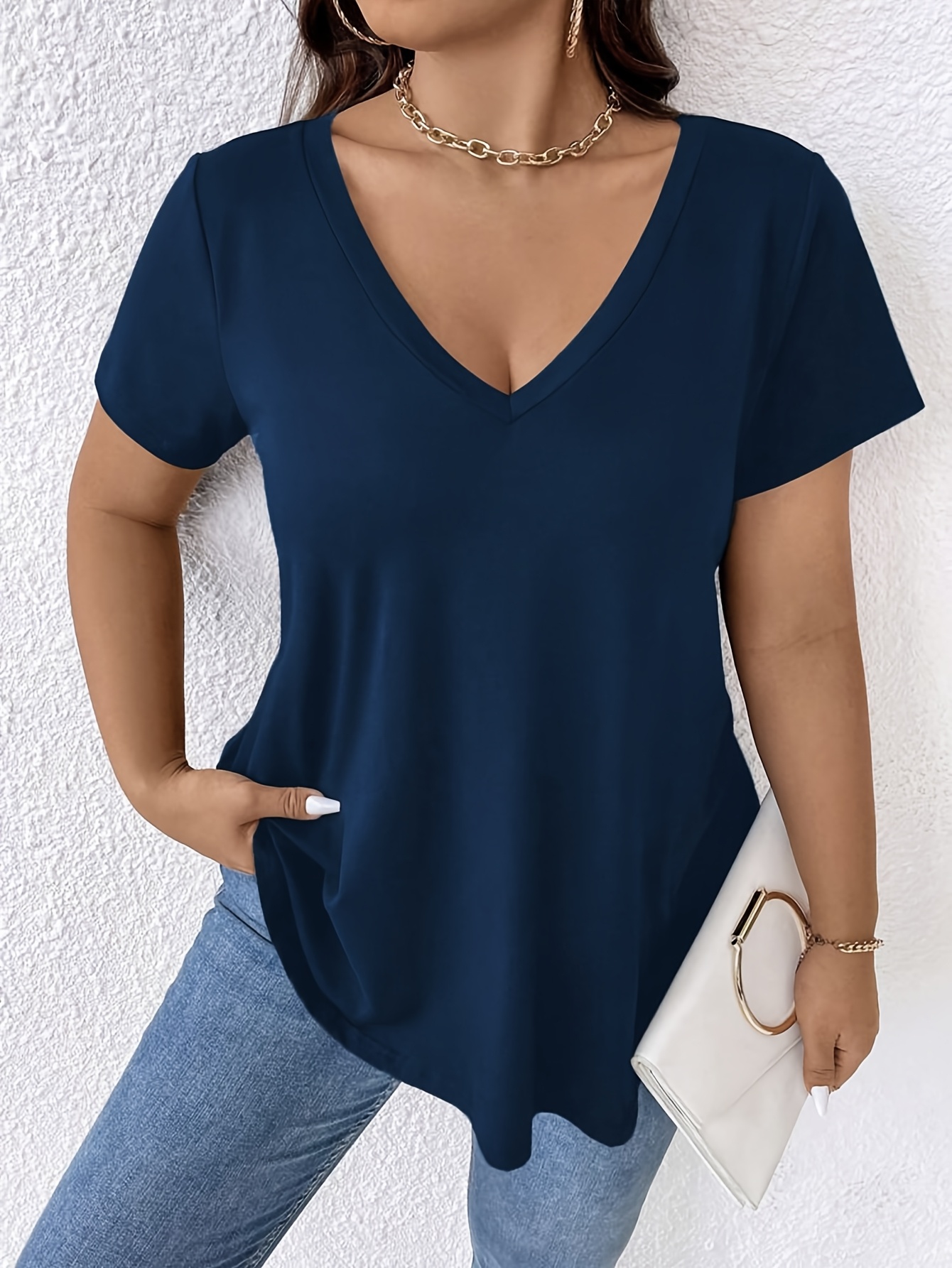Women's Elegant V-Neck Short Sleeve T-Shirt - Soft Stretch Fabric, Machine Washable, Solid Color Casual Top for Spring Summer Fall, Seasonal Fashion, Versatile Clothing, Nontransparent Material