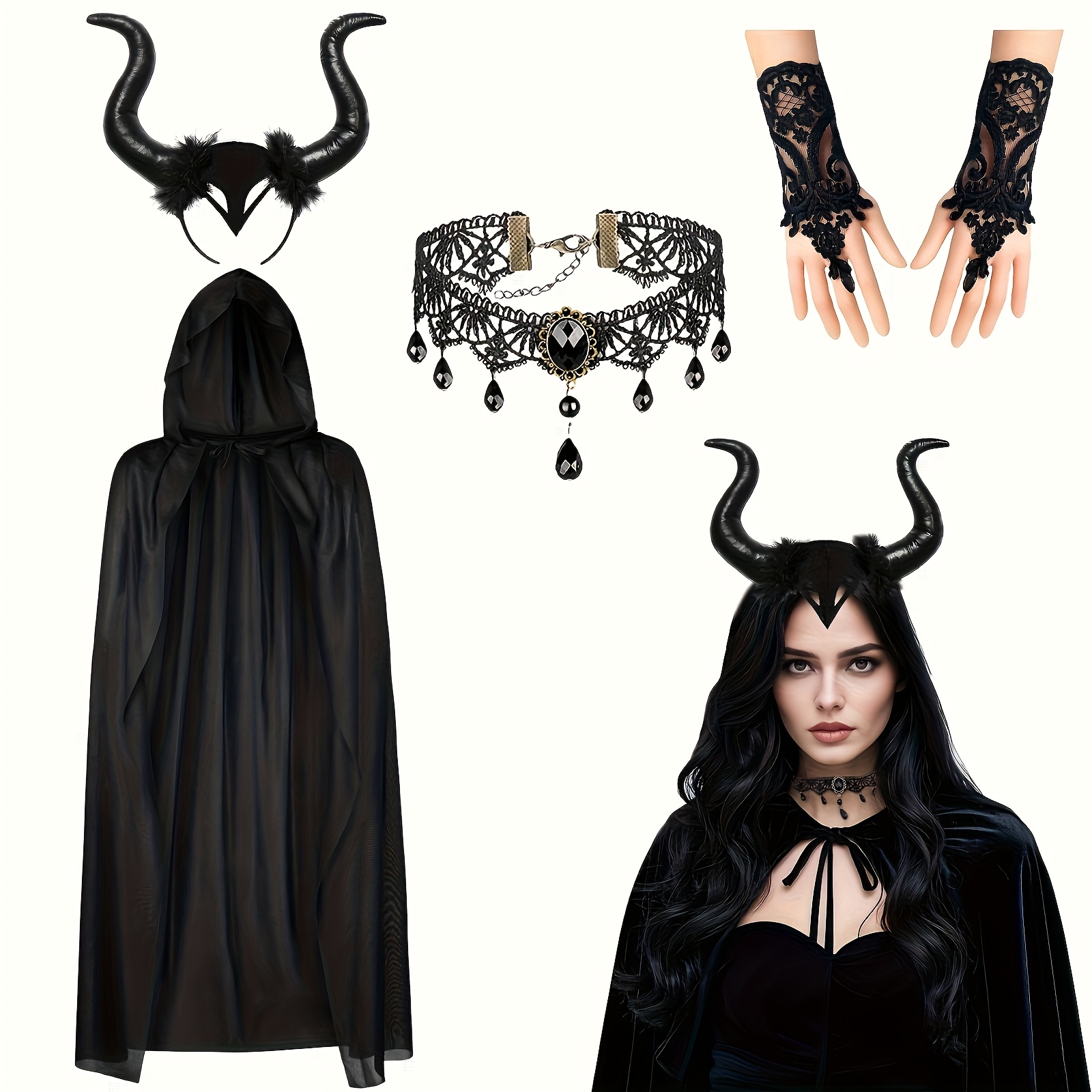 TEMU Costume de d'Halloween 4 pièces, Cape de sorcière noire pour cosplay de sorcière, Bandeau à cornes de d'Halloween accessoires gothiques et gants