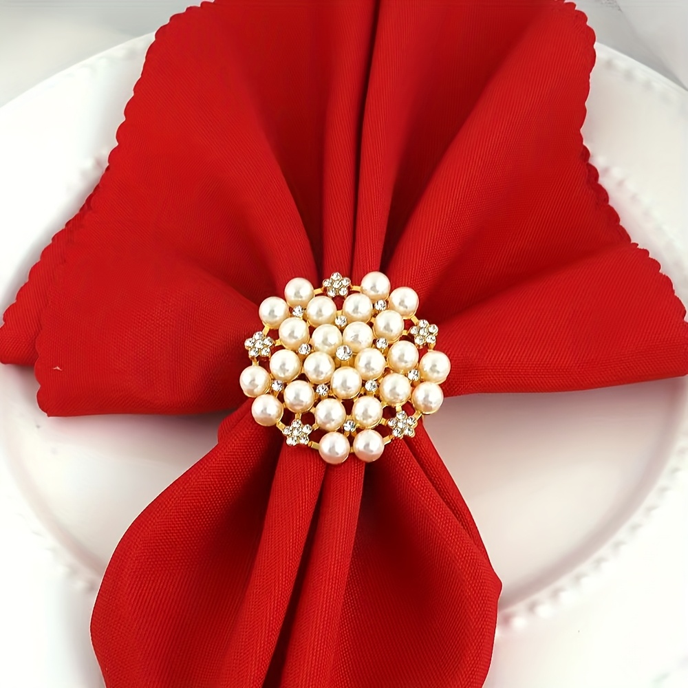 TEMU 12pcs Sparkling Hotel Ornament Napkin Pearl Rhinestone Stylish Napkin Ring Tableware