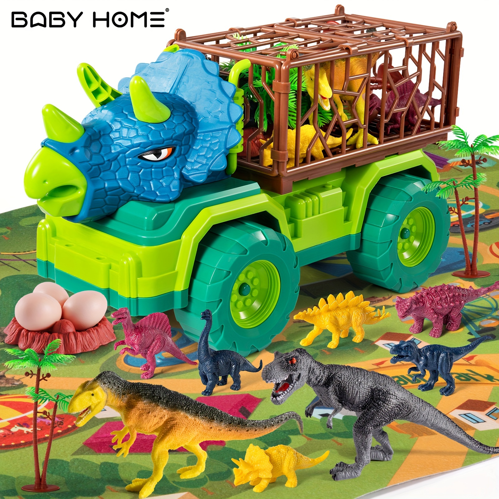 

Baby Home Dinosaur Truck Toy For Kids, Triceratops Transport Car Carrier Truck With 8 Dino Figures, Activity Play Mat, Dino Eggs And Trees, Capture Jurassic Dinosaur Play Set For Boys And Girls