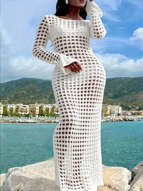 womens plus size beach casual loose sunscreen shirt long sleeve round neck dress cover up