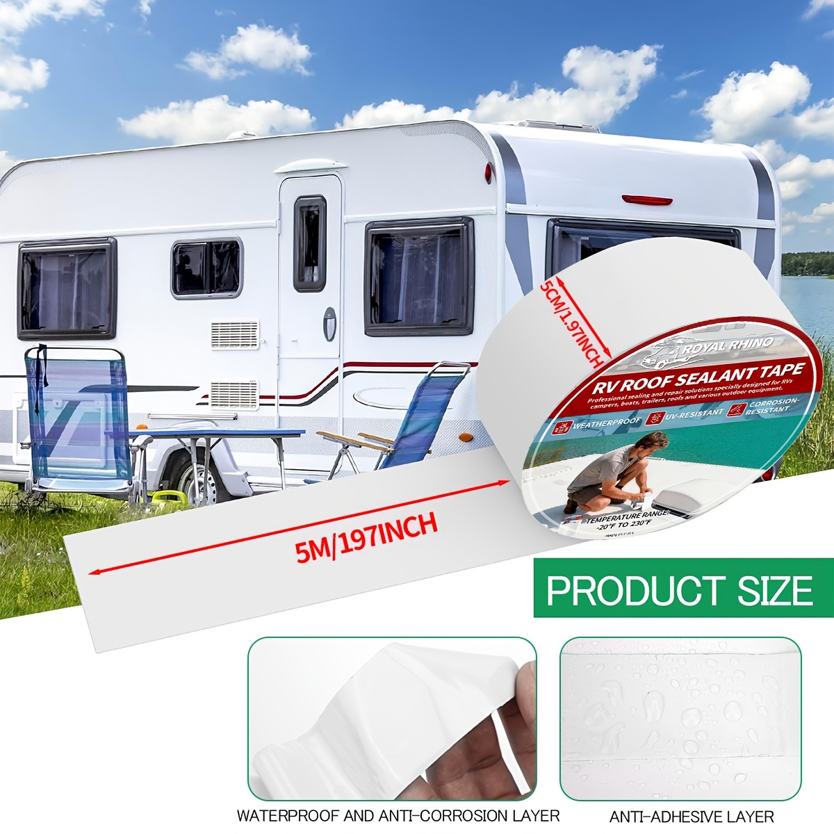 TEMU 1roll Super Strong Rv Roof Butyl Tape - Durable Rubber Anti-aging Polymer Elastic Film, Waterproof Repair Tape, Motorhome Maintenance, Flexible