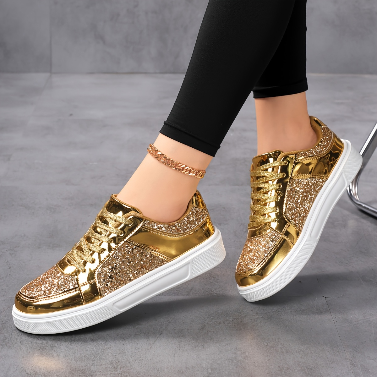 Women'S Glitter Golden Low-Top Sneakers Lace-Up Casual Shoes with Sequin  Detailing, PU Upper EVA Sole for Running, Travel Daily Wear, Ladies  - Main Image