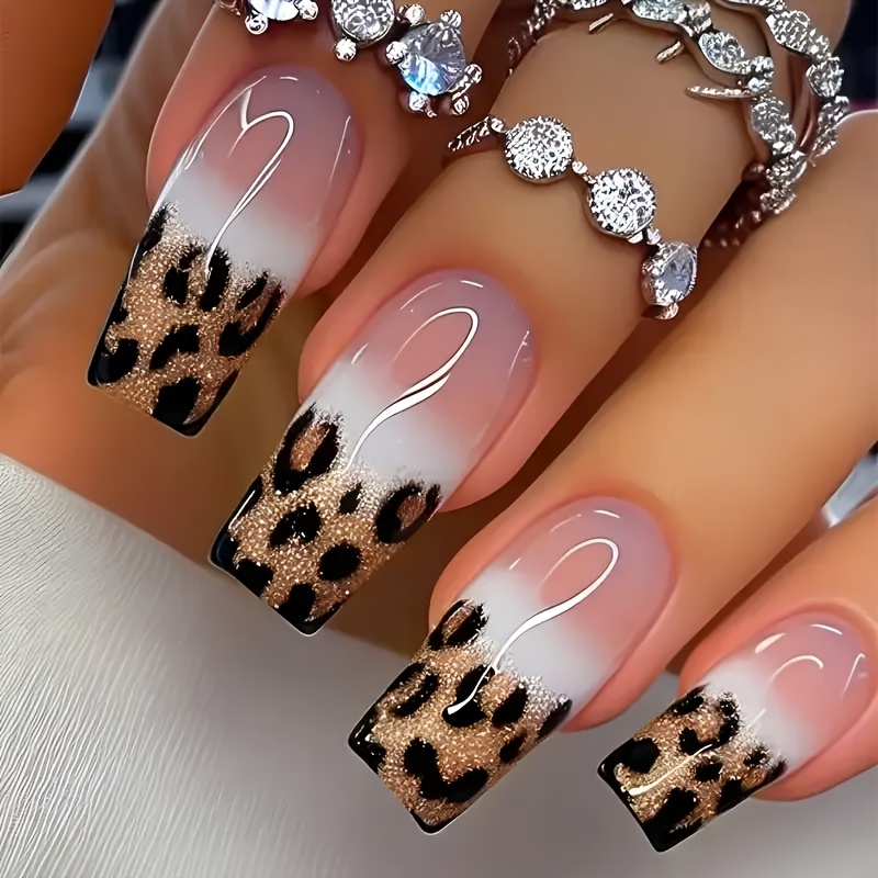 TEMU Upgrade Your Style With 24 Medium-long Square Press-on Nails Featuring An Elegant Leopard Print Design, Glossy Fake Nails, Extendable And