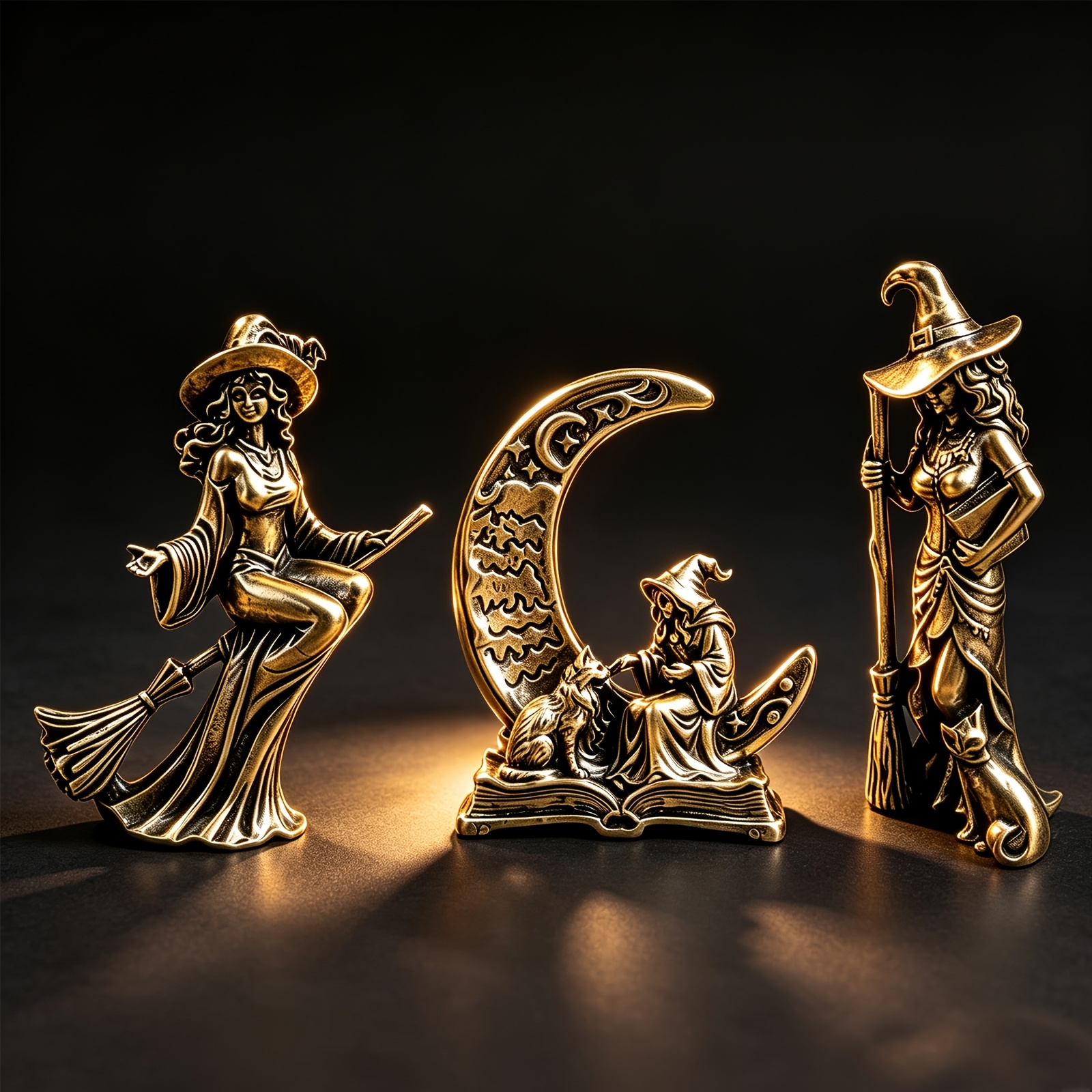 TEMU 3pcs Vintage Metal Witch Statue Set, Gothic Broom Witch And Moon Witch Brass Figurines Collectible Figurines, Desktop Decoration Unique Gift,