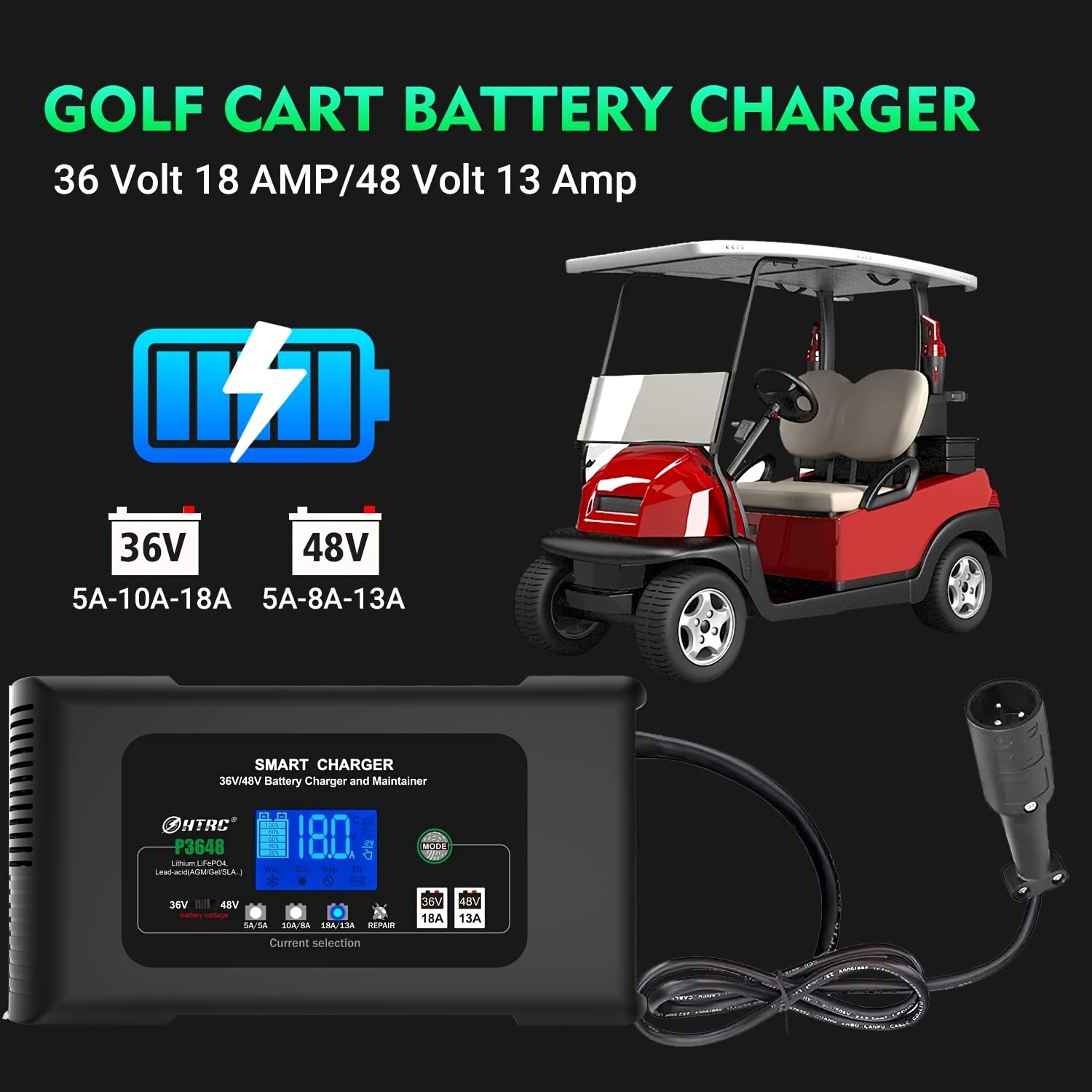 

48 Golf Battery Charger, 48v 13a And 36v 18a Battery Charger, Golf Charger For 48 Club Golf Car, , , - Agm/gel/sla ()( Round )