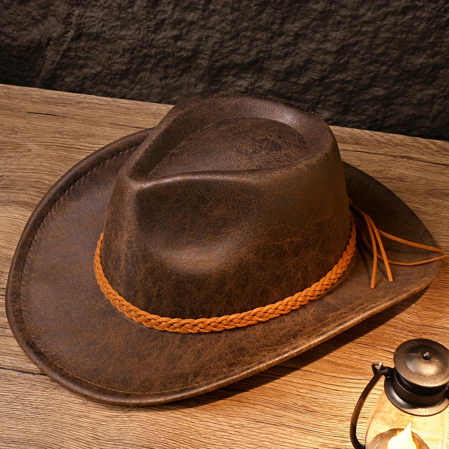 TEMU Sombrero de vaquero de estilo retro americano, color sólido, adornos retorcidos, sombrero de fieltro agrietado, adecuado para hombres y mujeres,