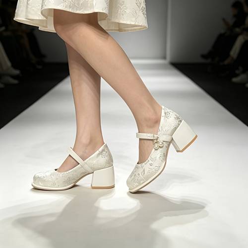 jacquard damskie buty chiński styl narodowy gruby obcas jednopunktowe buty klamra wygodne średnie szpilki płytkie usta wysokie obcasy, damskie buty