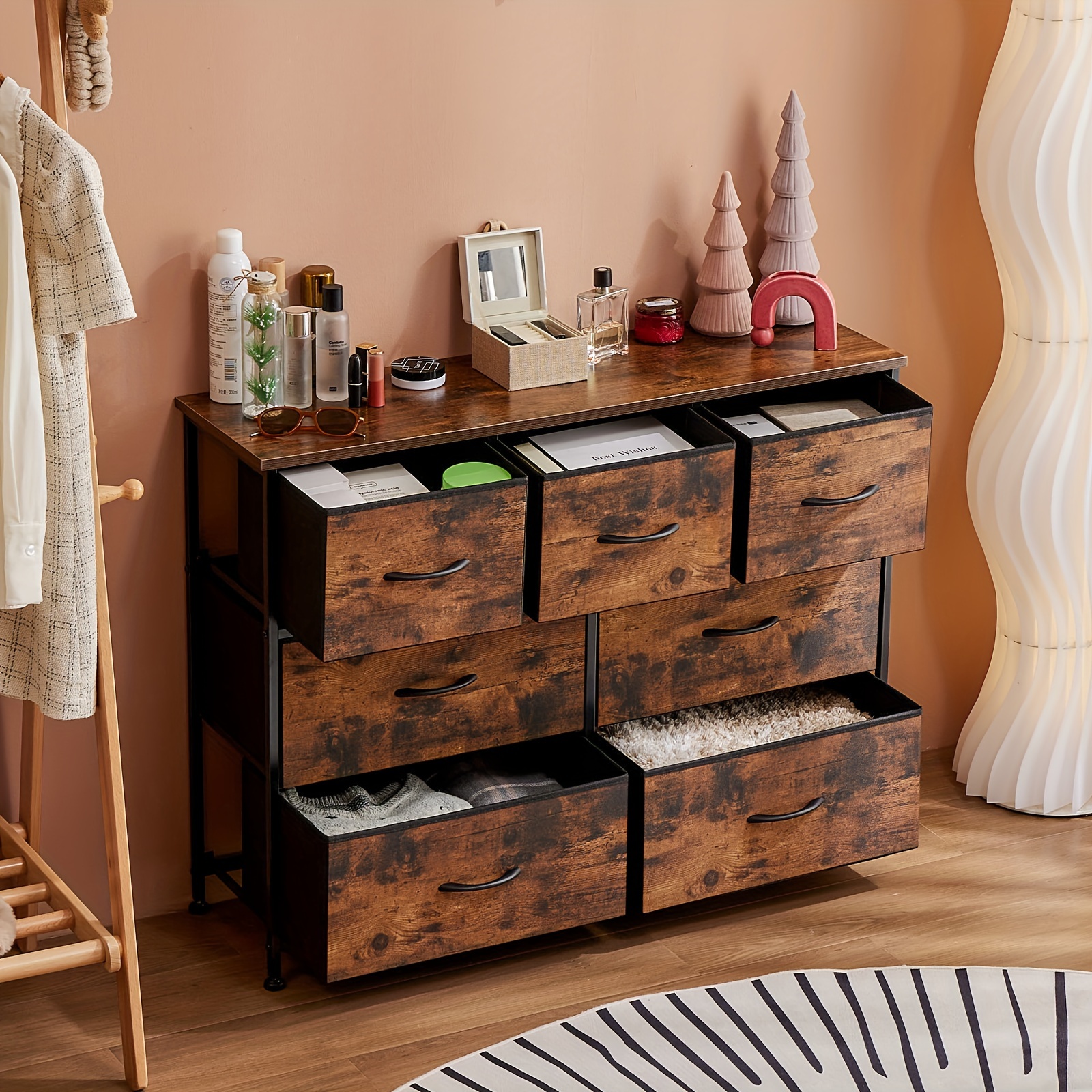 

Dresser For Bedroom, 7 Storage Drawers, Fabric Closet Chests Organizer Tower Furniture, Metal Frame Wooden Top, For Kids Room, Living Room, Hallway, Entryway