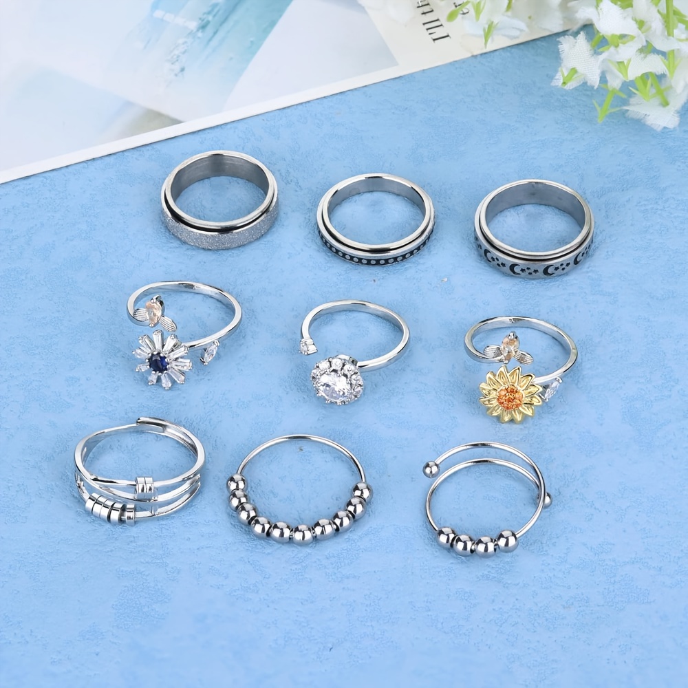 9pcs spinner bead rings - rotatable adjustable jewelry with sunflower, floral, bead designs - stackable layered look - everyday & formal events - durable bead construction - elegant teenager s fashion rings for parties, weddings, casual attire - affordable   gift, wedding accessories, stylish accessories,   beads,  , bridal accessories, for teenager Product details 1