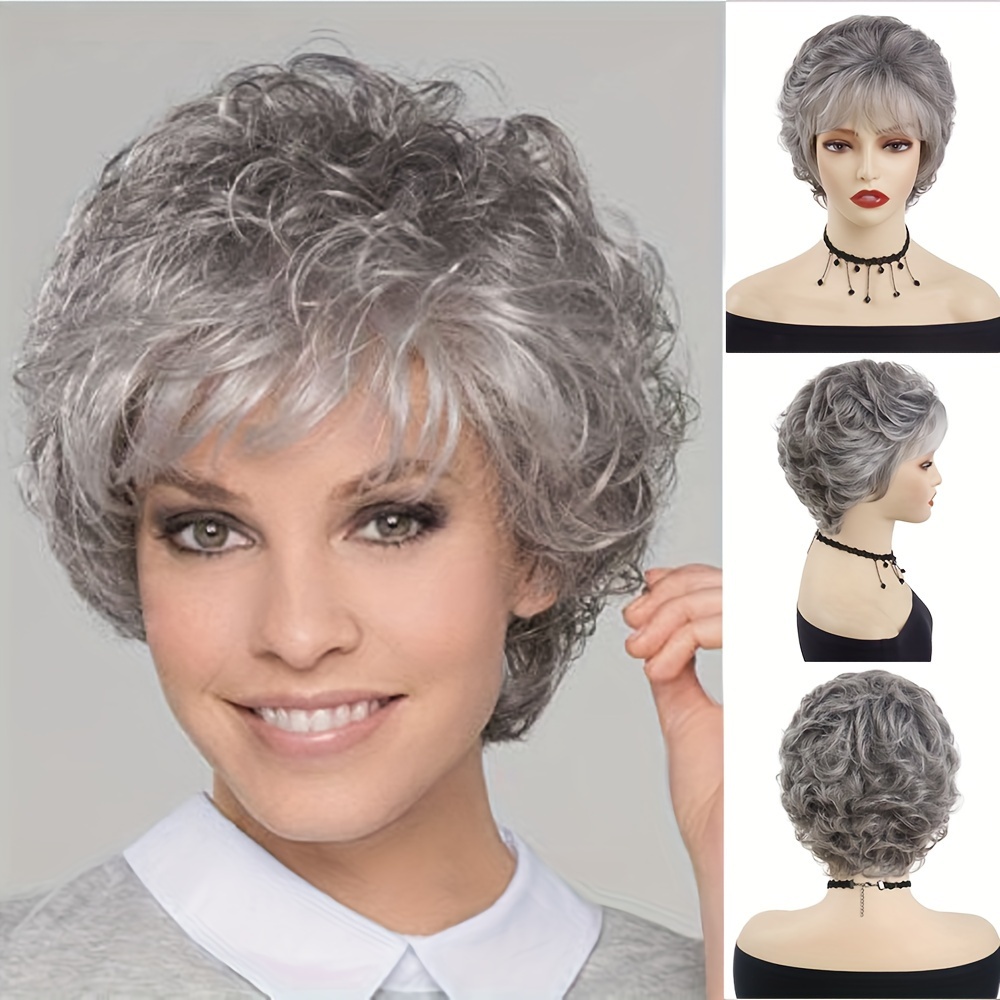 

Curly Wigs For Women Short Grey Hair Old With Bangs Natural Hairstyles Elderly Wigs For Mother Gifts Synthetic Fiber