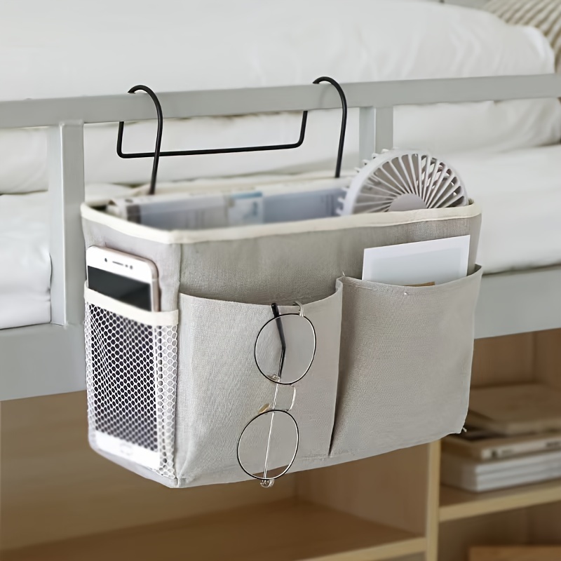 

1pc Bedside Storage Organizer With Pockets, Bedside Hanging Organizer Caddy With Metal Hook, For Remote Control, Table Cabinet, Phones, Magazines, Tablets, Accessories, Supplies