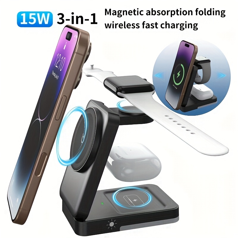 TEMU 3-in-1 Fast Charging Station, 15w Wireless Charging Stand Suitable For Iphone, Watch, Earphones, With Night Light
