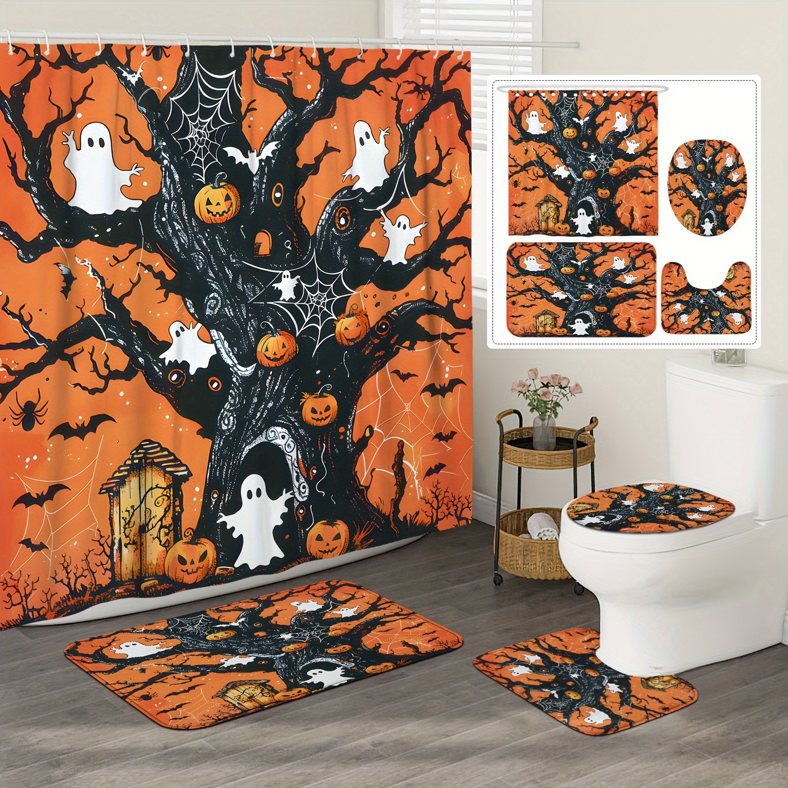 

Halloween Shower Curtain Set With Bath Mat, U-shape Toilet Mat, Lid Cover And Hooks – Horror Vintage Pumpkin Ghost Tree Design, Water-resistant Polyester, Machine Washable, All-season Bathroom Decor