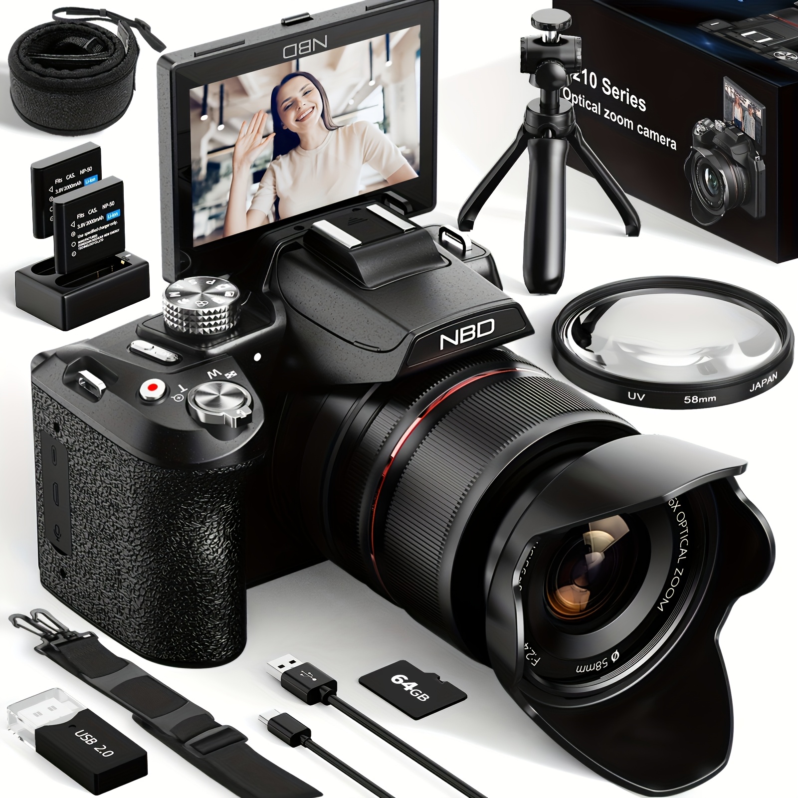 Nbd 5k&64mp Digital Cameras For Photography, 16x Optical Zoom Camera With Wifi & App Control, Vlogging Camera With Flipable 3-inch Screen, Auto Focus, Bag, 2 Batteries, Camera Strap&32gb Card