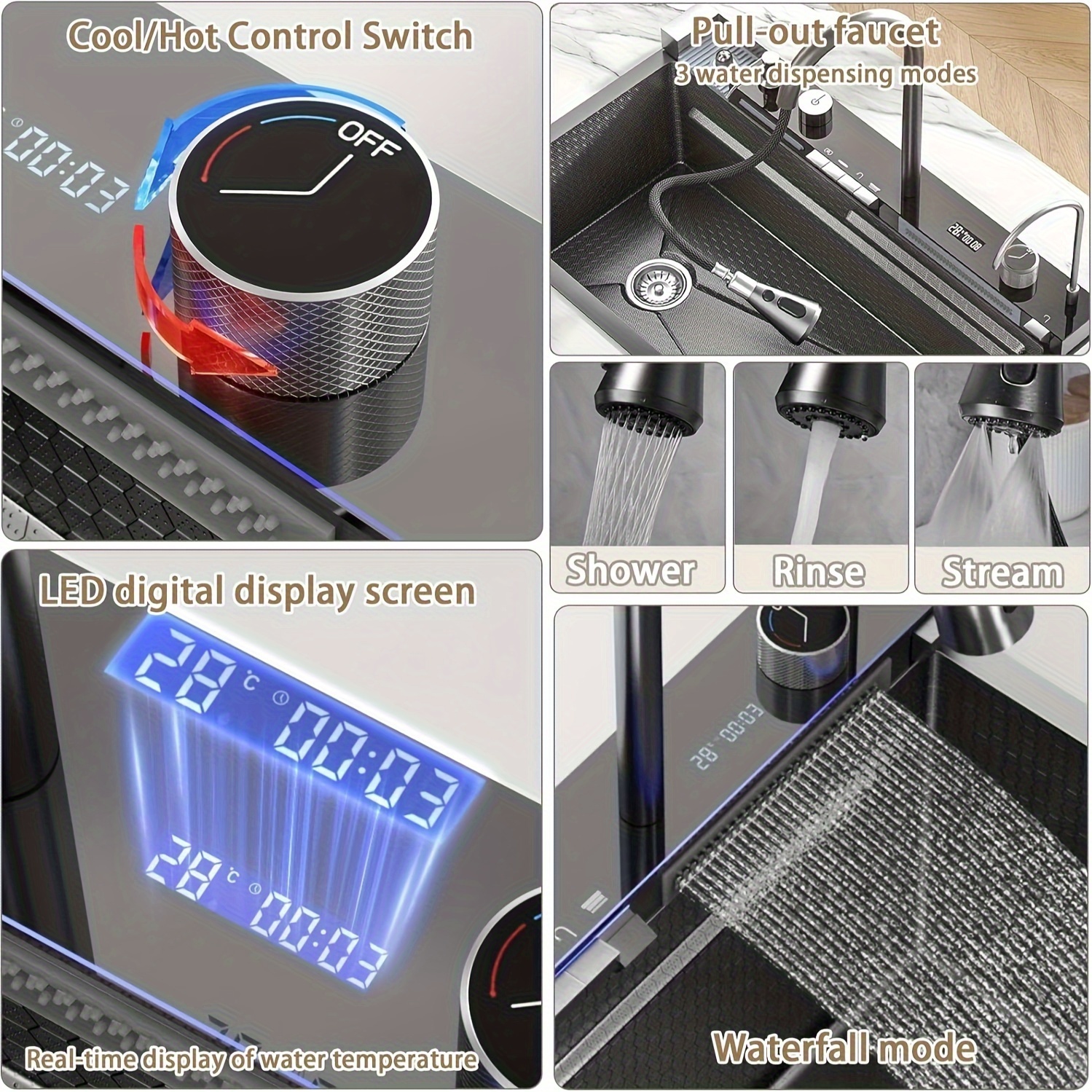 1 Set Single Bowl Kitchen Sink, Stainless Steel Undercounter Sink with Pull Down Sprayhead Faucet, Contemporary Rectangle Bar Sink, Brushed Gun Gray Finish, Right Drain Location, Faucet-included, No Battery No Electricity Needed