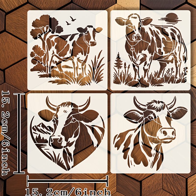 E-shop Ein Set von 4 Bauernhof-Kuh-Schablonen, jeweils 6x6 Zoll (15,2x15,2 cm), zeigt eine gemütliche Kuhherde in einer ländlichen Umgebung. Diese