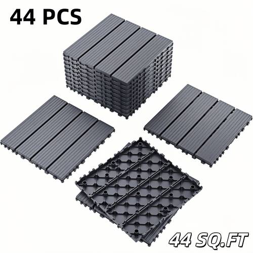 biyuhiu 44pcs interlocking deck tiles 12 x 12 wood plastic composite patio flooring 44 sq ft waterproof all weather outdoor indoor modular pavers for garden balcony deck grey