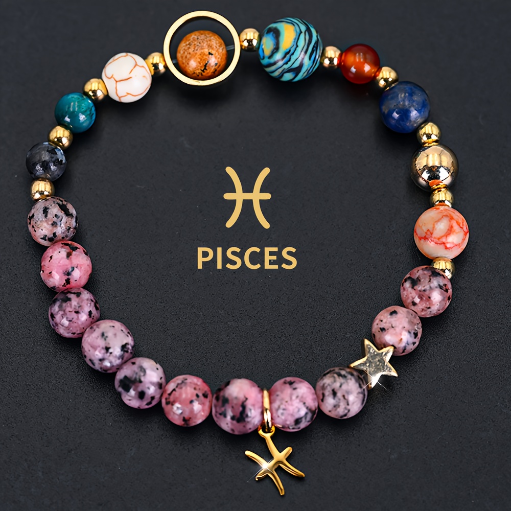 TEMU 1pc Of Planets Ladies 12 Constellation Bracelet Series Natural Stone Bracelet Libra Virgo Sagittarius Jewelry Zodiac Pendant Bracelet Valentine's Day Jewelry Couple Gift