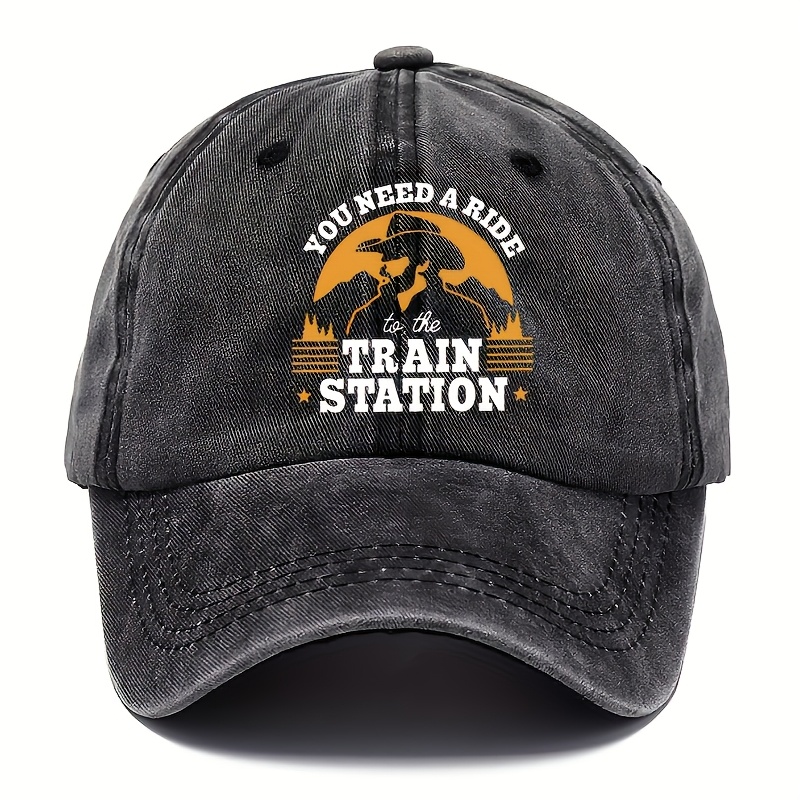 

1pc Denim Printed Washed Cotton Baseball Cap, Adjustable Cap For Men And Women