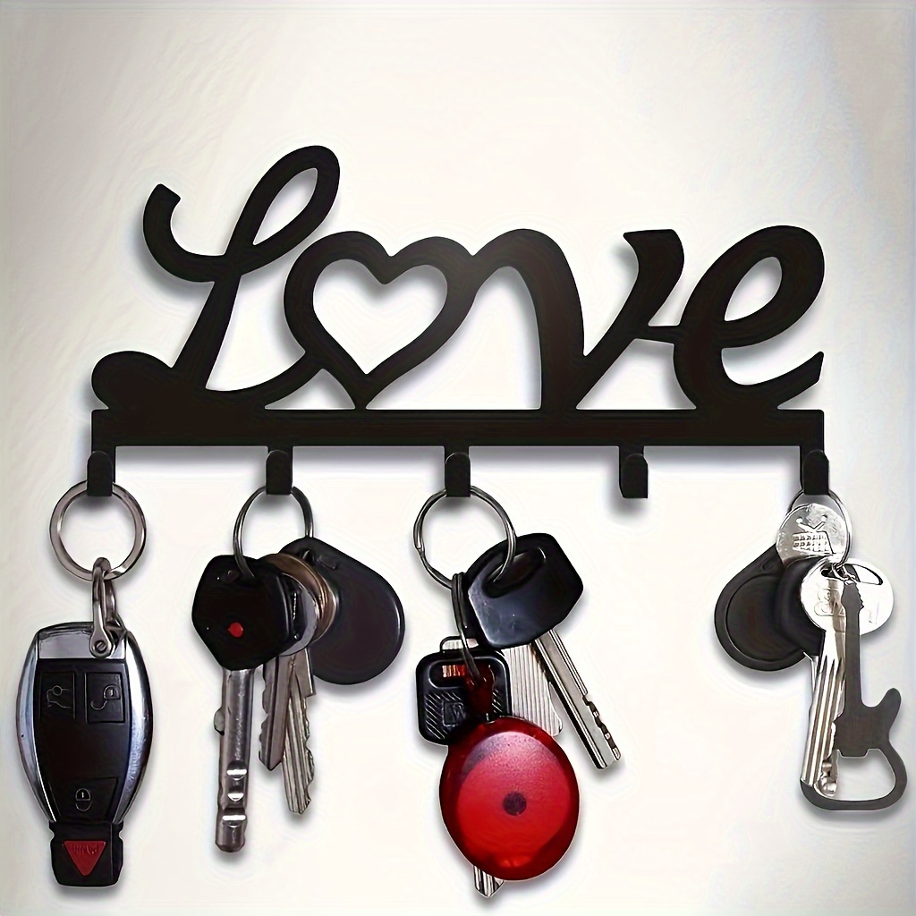 

Chic 'love'-shaped Metal Key Holder - Wall Mounted Organizer, Black Decorative Key Rack For Home Storage, Utility Hooks